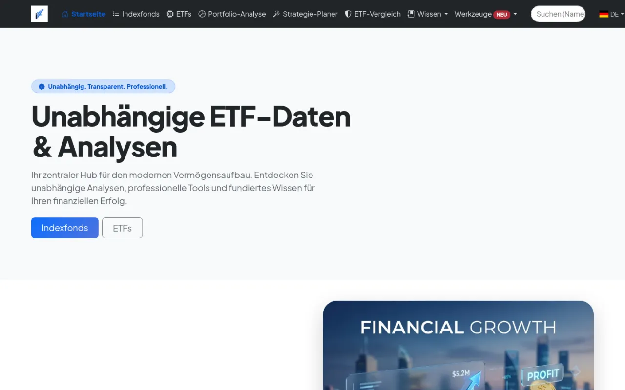 Öffentliche Startseite von Indexfonds.eu mit Navigation für ETF-Daten, Analysen und Werkzeuge