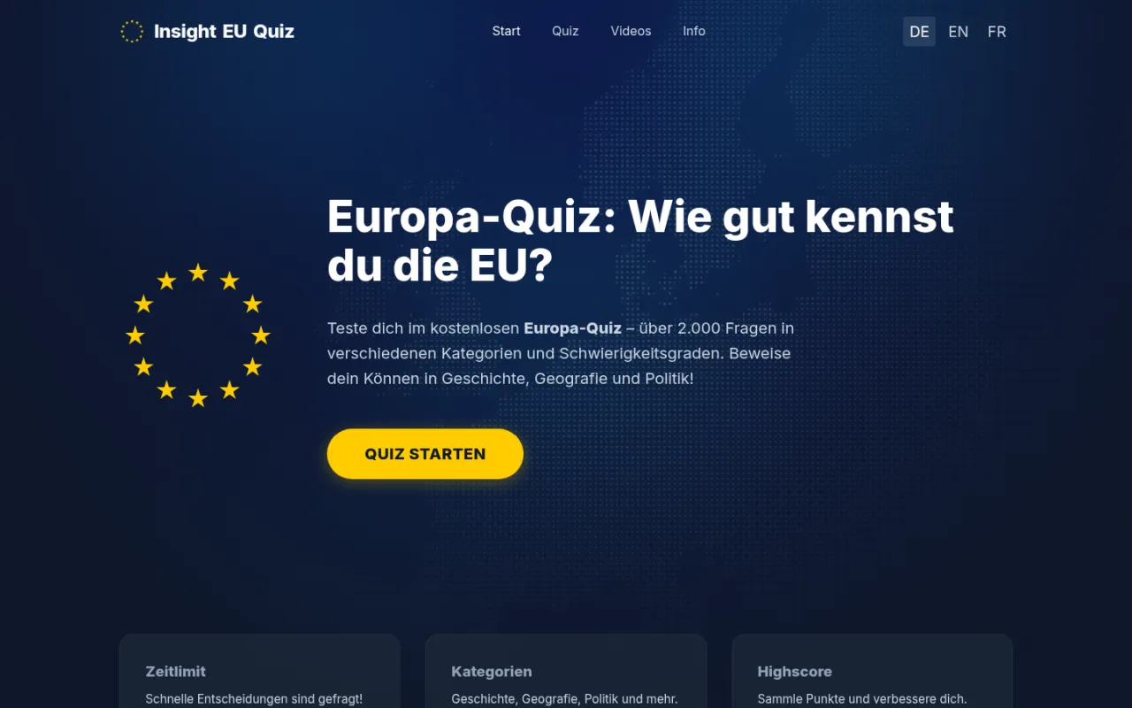 Öffentliche deutsche Startseite von InsightEUQuiz mit Europa-Quiz und Schaltfläche zum Quizstart