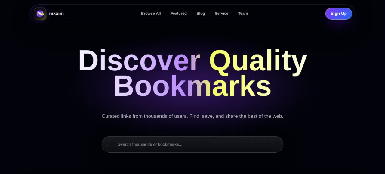 Öffentliche Startseite des Bookmark-Portals Nixxim mit Suche und farbiger Wortmarke