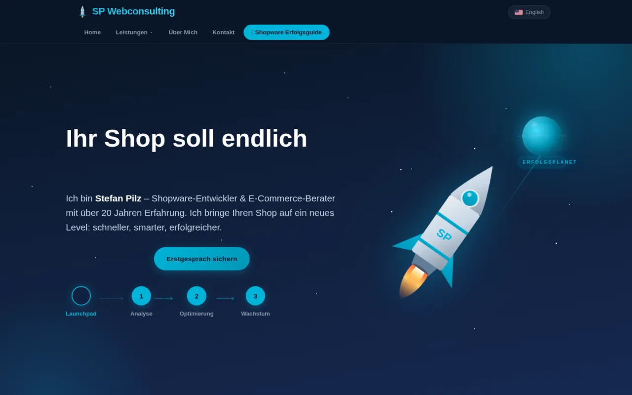 Öffentliche Startseite von SP Webconsulting mit dunkelblauer Gestaltung und Shopware-Erfolgsguide