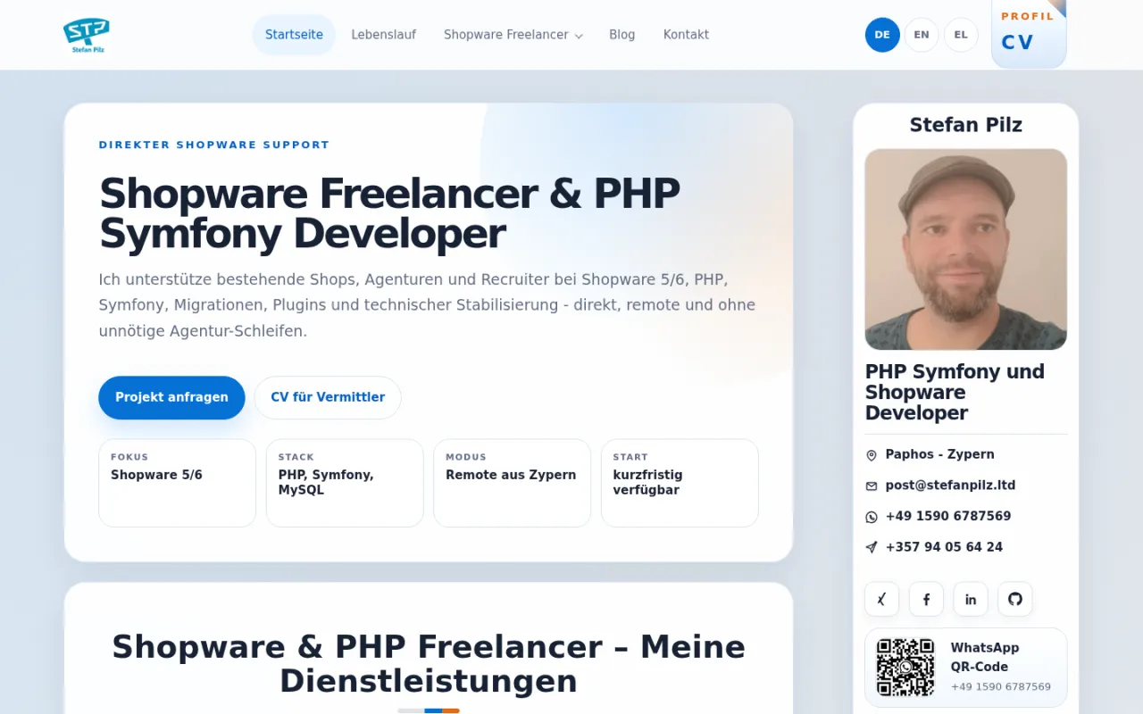 Öffentliche Startseite von stefanpilz.ltd mit Shopware-Leistungsangebot und Profil von Stefan Pilz